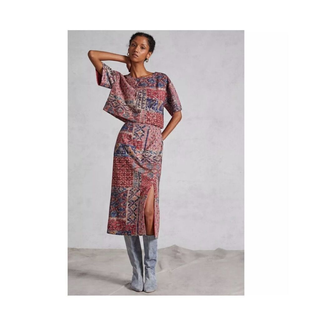 Nikita Mhaisalkar Anthropologie women’s cotton abstract skirt midi slit red high
